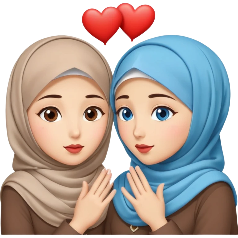 Two Turkish beautiful finish Konya friendly girls blue eyes with hijab and heart dress and Scattering kisses outside  emoji