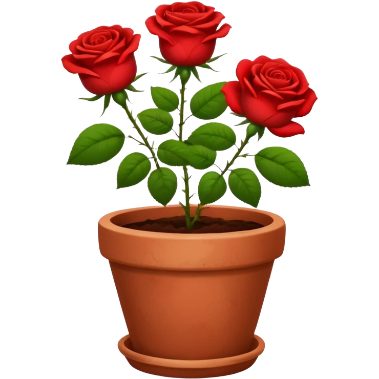 flower pot with red rose flowers with green leaves also in it emoji