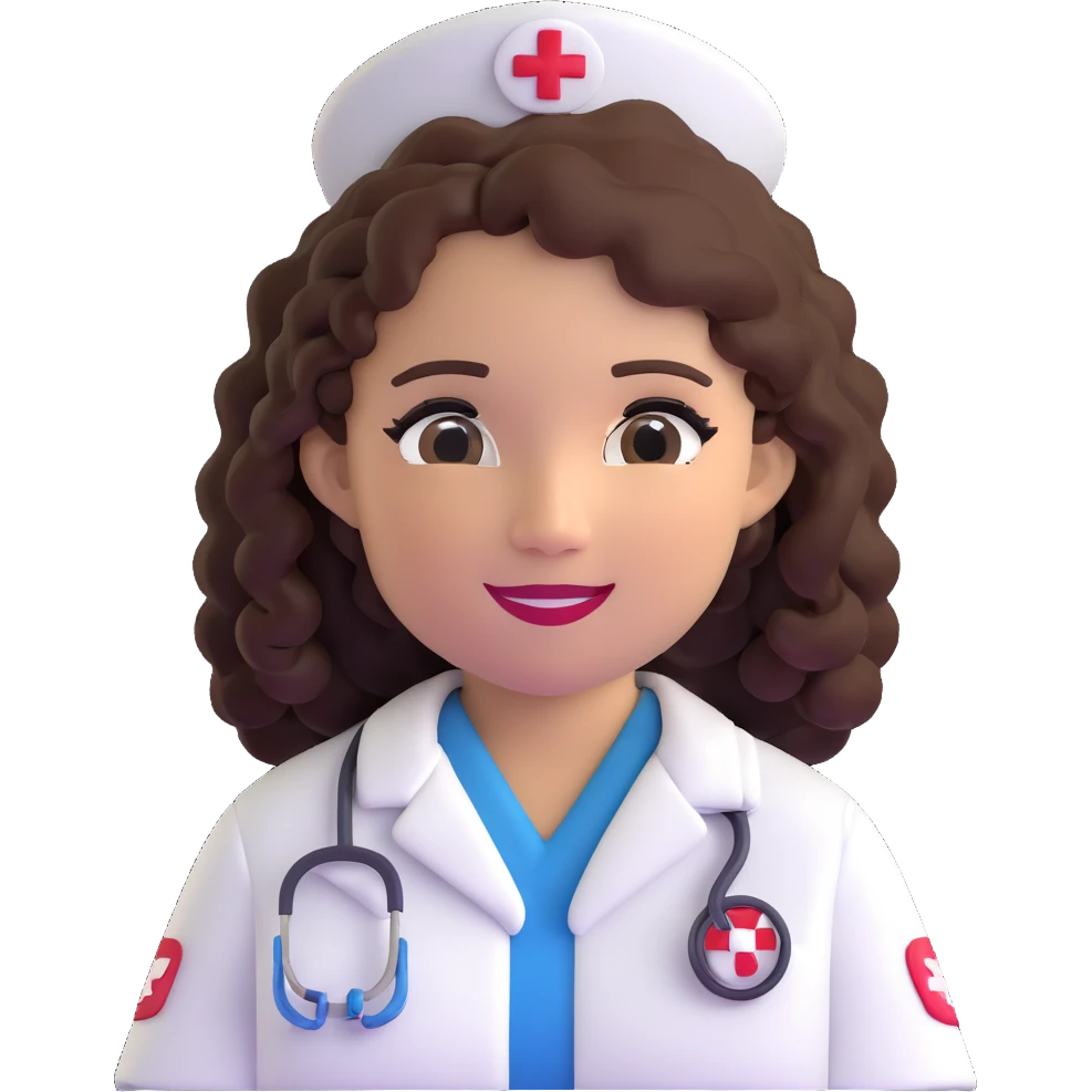 Latina nurse with curly hair, nurse uniform, friendly expression emoji