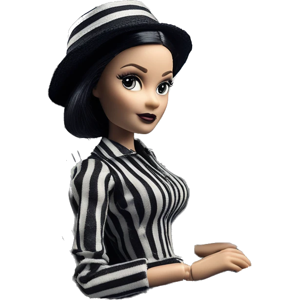 Bouclé Beauty Lingerie Barbie, Wednesday Addams from academy, in dark-gray and black striped outfit with hat. Driving 1965 Mercedes 190 emoji