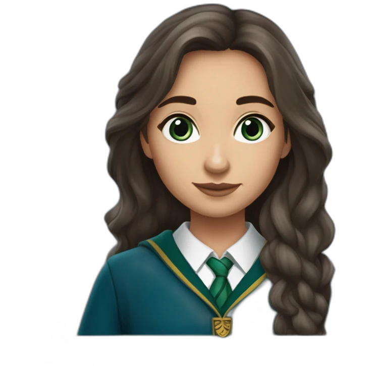 Fille brune cheveux long  aux yeux bleu clair  de peau avec une tenue de la maison serpentard dans Harry potter emoji
