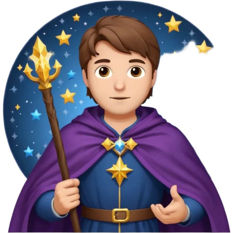 Brown haired man with a cape and a wizard staff and stars around him emoji