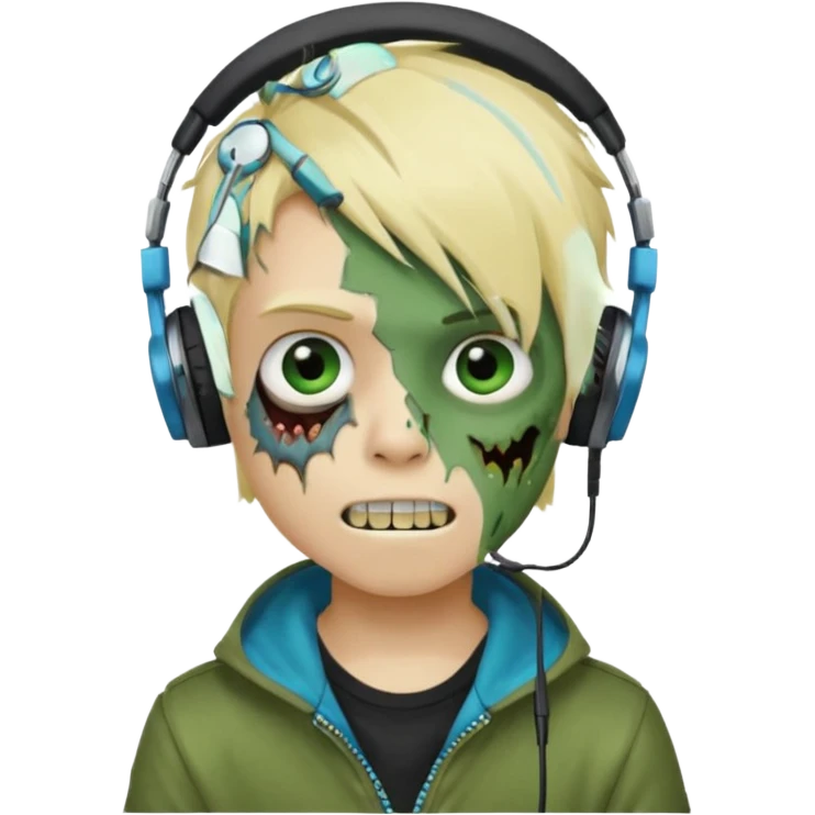 boy zombie whit blonde emo hair and eyes blue and GREEN SKIN and heandphones AND A MICROFONE AND GOLD TEETH  emoji