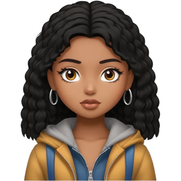 a pretty bratz dusky girl in a train with black shaggy hair emoji