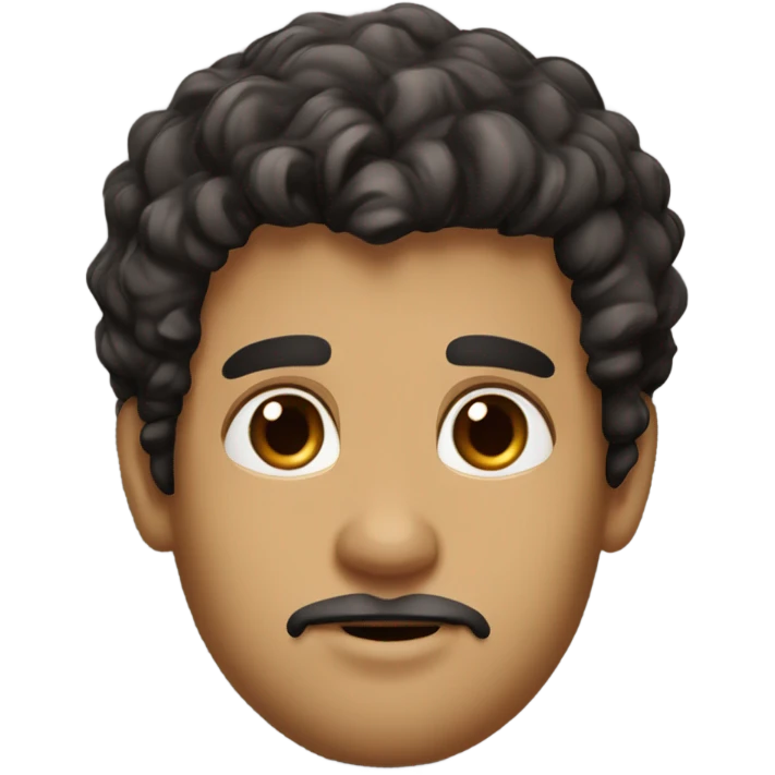 A man, brown-black eyes, light bearded stubble, dark-black curly hair medium-to-big lips, round-like nose black shirt emoji