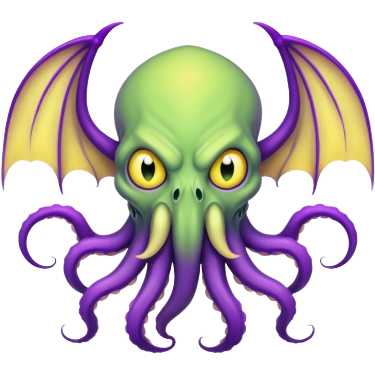 light green Cthulhu with purple bat wings and purple gradient tentacles. Yellow angry eyes. yellow suckers on tentacles. dramaticshading emoji
