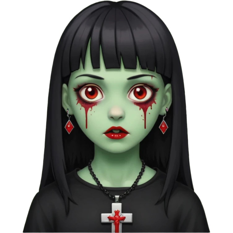 zumbi verde com olhos vermelhos sangrando e franja roupa preta e um crucifixo como colar, sem ser na testa e um piercing no nariz bem feminino a franja reta também  emoji