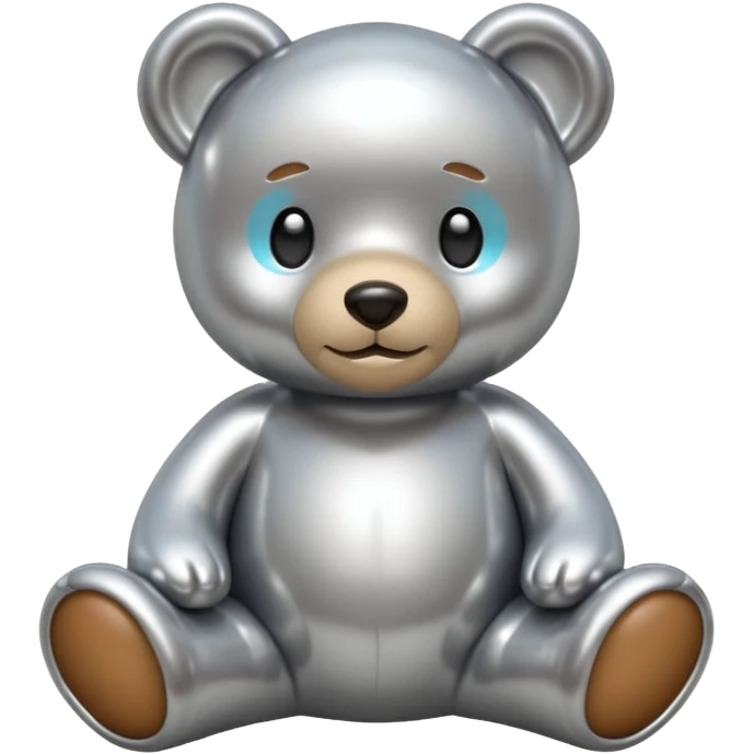 A cute teddy bear emoji made of liquid silver chrome, smooth rounded body, glossy metallic surface, soft reflections, friendly proportions, iOS emoji style, centered, clean white background emoji