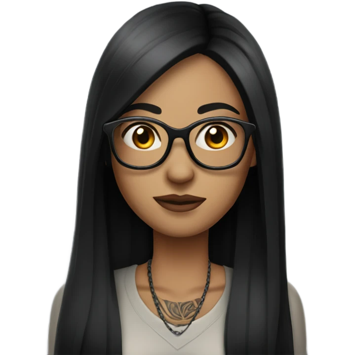 Woman with long straight black hair and glasses with fair skin and tattoos emoji