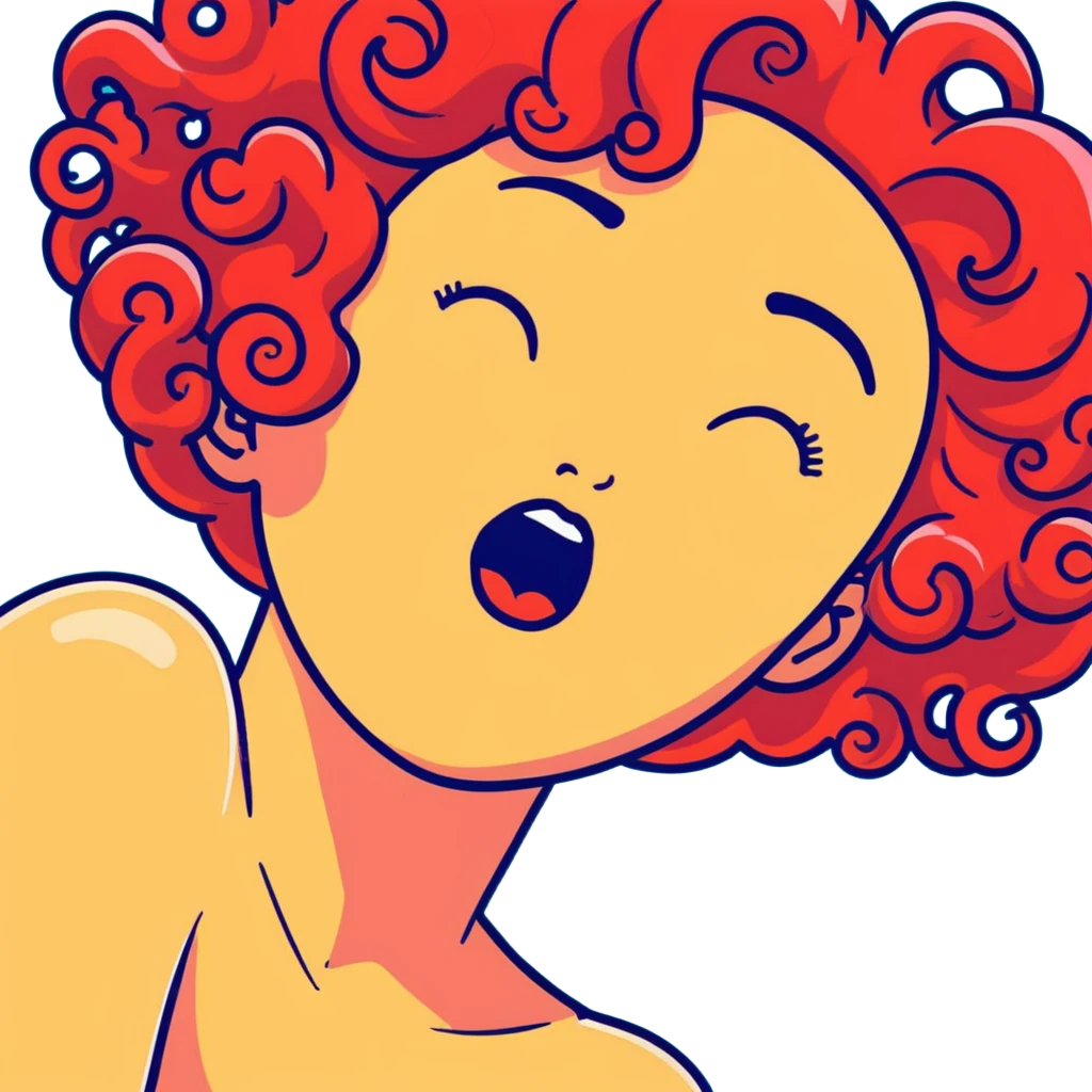 person with curly red hair and downturned eyebrows, moaning with ecstasy emoji