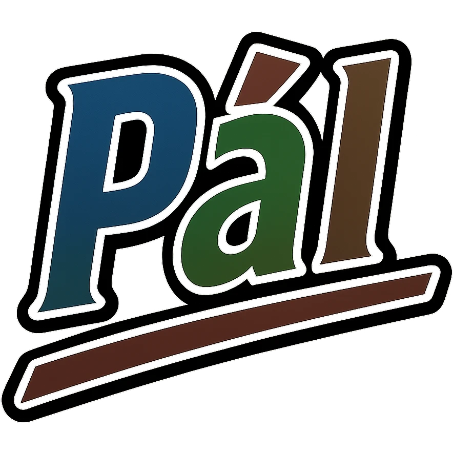 Pál name in masculine, modern, gradient font with precise Hungarian characters, dark outline, extra thick, prominent white border as in reference images, dynamic slanted underline, masculine color shades (blue, gray, burgundy, green, brown), 1000x1000 px, PNG, transparent background emoji