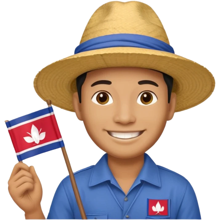 Cambodian man Tourist Guide with small cambodian flag in hand and traditional cambodian hat emoji