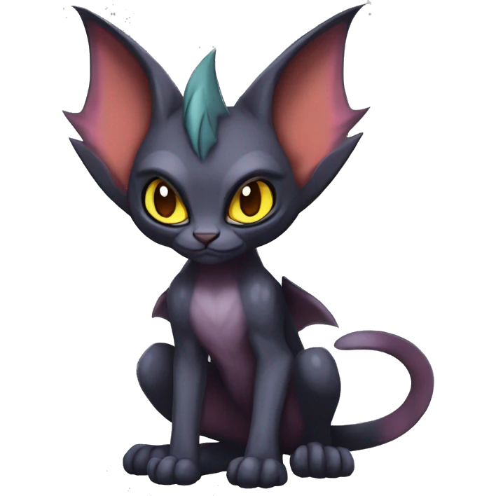 Black edgy Noivern-Litten-Sphynx-Lykoi-Caracal-cat-Fakemon with big bat ears full-body emoji