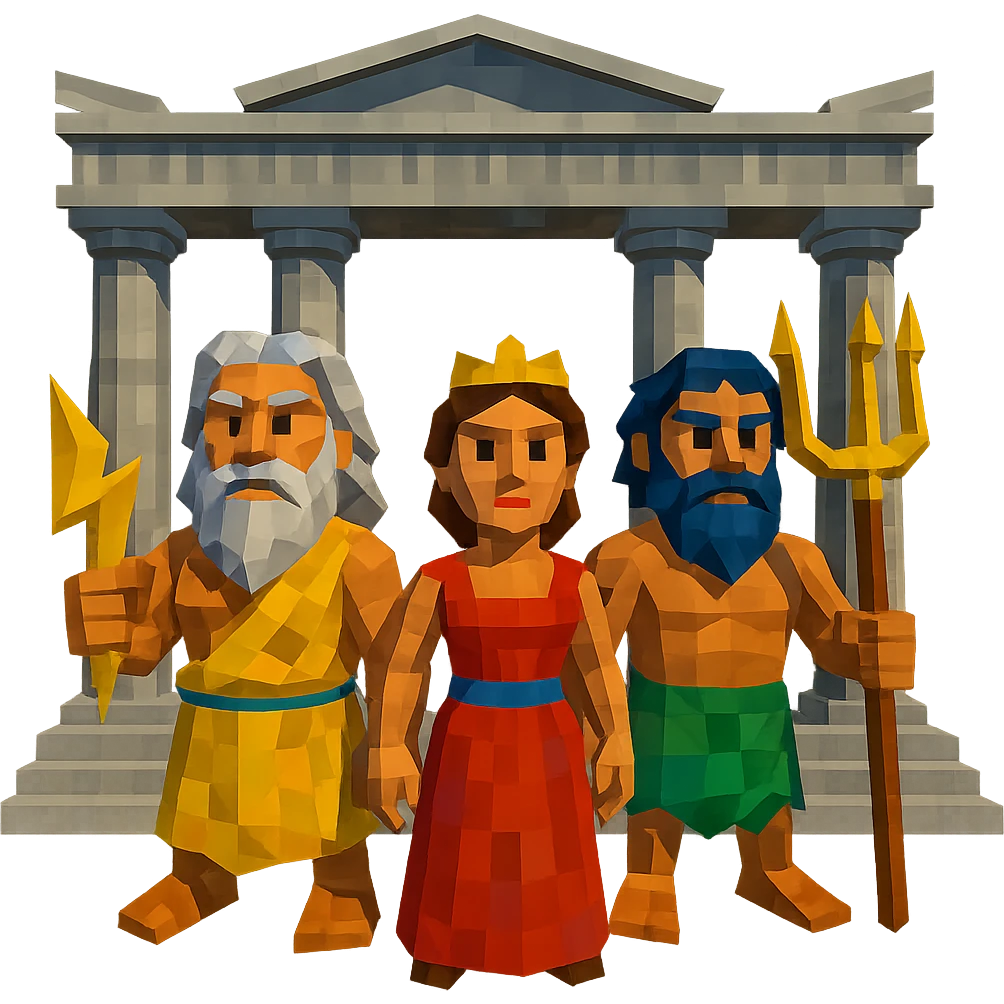 Add Greek gods like Zeus, Hera, and Poseidon standing in front of the Olympian temple in a low poly 3D style, keep the background transparent. emoji