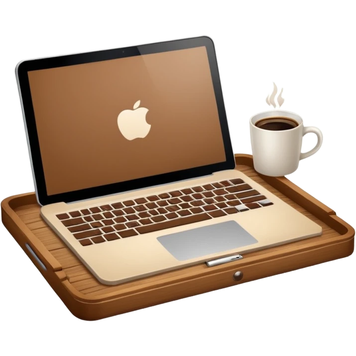 Laptop on the rectangular brown coffee tray, coffee and notebook emoji
