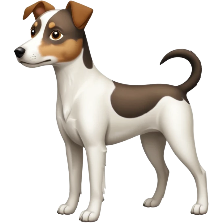a full body large white parson russell looking dog the size of a kelpie with light brown ears and a light brown patch on one eye and a large snout emoji