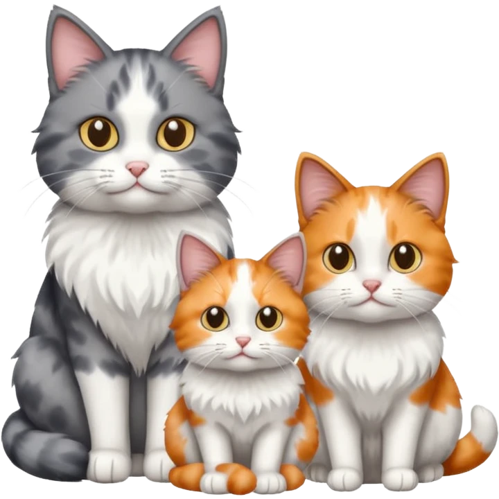 a fluffy grey and white cat sitting with 2 other cats emoji