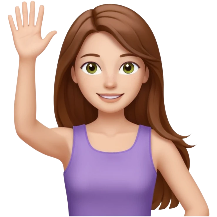 emoji of a confident woman named Freya McOmish, smiling, hazel green eyes, straight long hair with a middle part, subtle freckles, modern casual style, broad shoulders, wearing a lavender sleeveless deep square neck top, waving emoji
