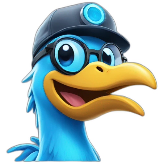 Crazy funny Cyberpunk Articuno head with beautiful smile wearing glasses and hat emoji