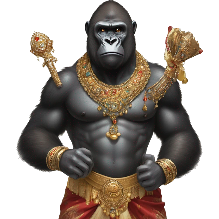 male gorilla with indian male jewellery and  indian traditional wear, holding a  huge weapon, humanoid, holding another  huge weapon  emoji
