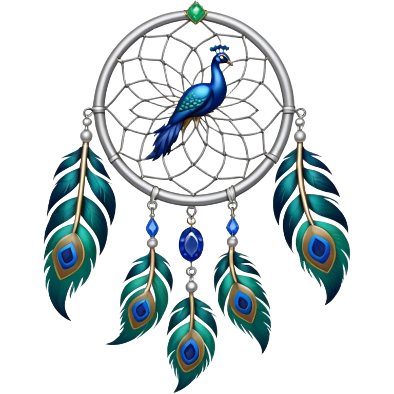 a Silver Dreamcatcher with sapphire-stones and emerald-stones, and with peacock-feathers emoji