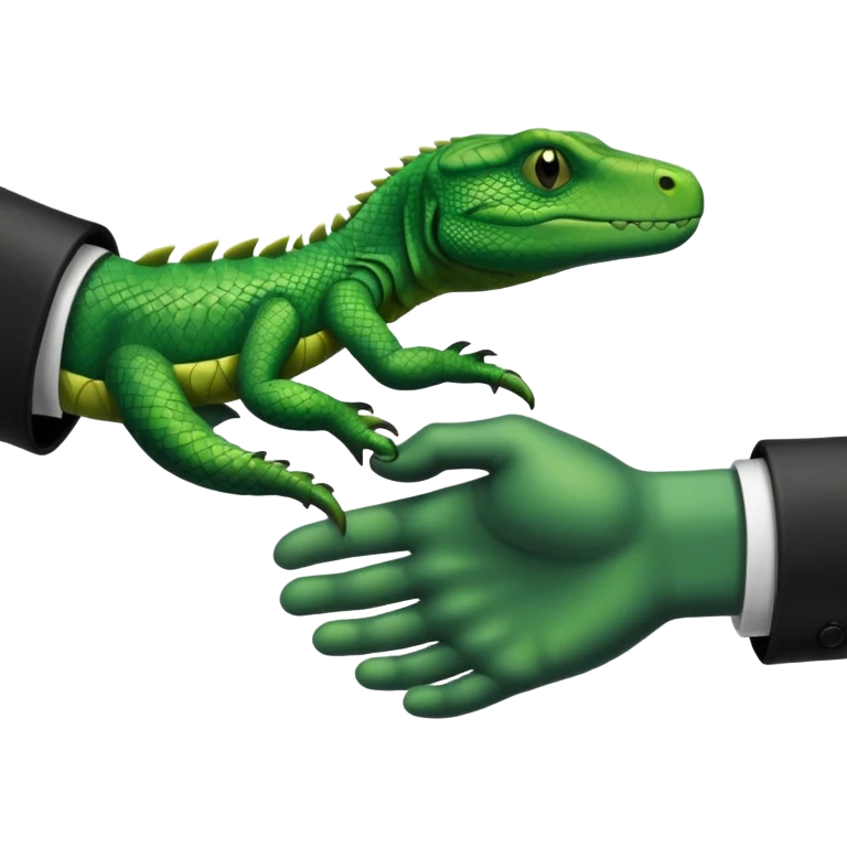 Black hand shaking hands with a green reptile scaled hand  emoji