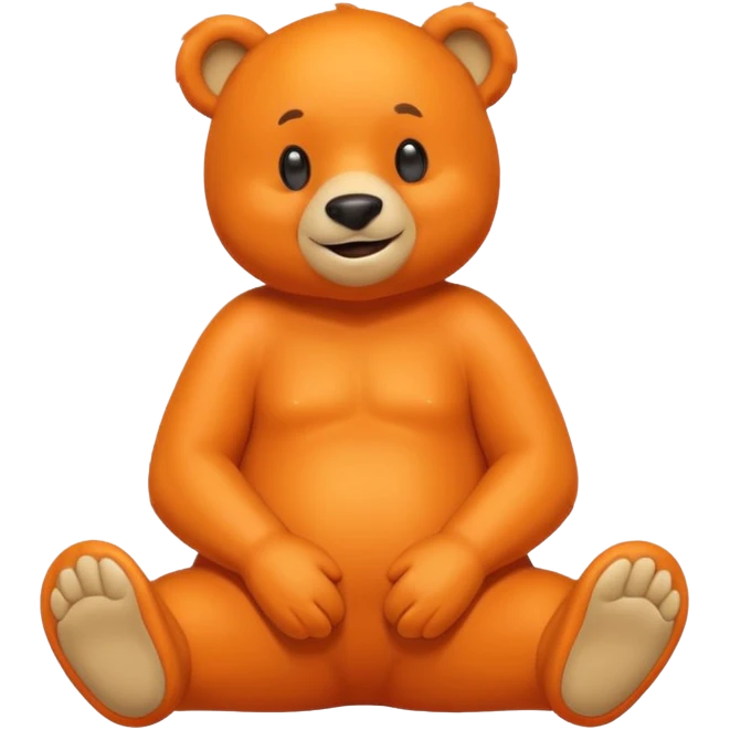 Create a orange friendly bear, make him look like from a kid cartoon and make him smile. Show his whole body. Make him look shy and cross his leg emoji