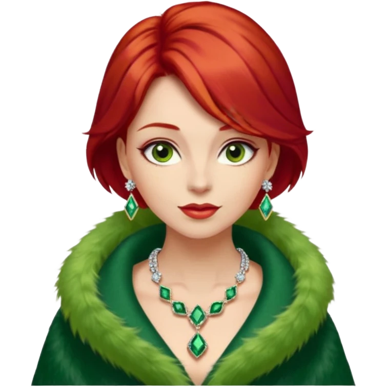 * Character: A stylish lady,red hair
* ﻿﻿Clothing: A luxurious green fur coat
* ﻿﻿Accessories: A dazzling diamond necklace
* ﻿﻿Expression: Confident, elegant, maybe slightly glamorous
* ﻿﻿Pose: Head slightly tilted or a poised posture
* ﻿﻿Style: Emoji-like, simple but expressive emoji