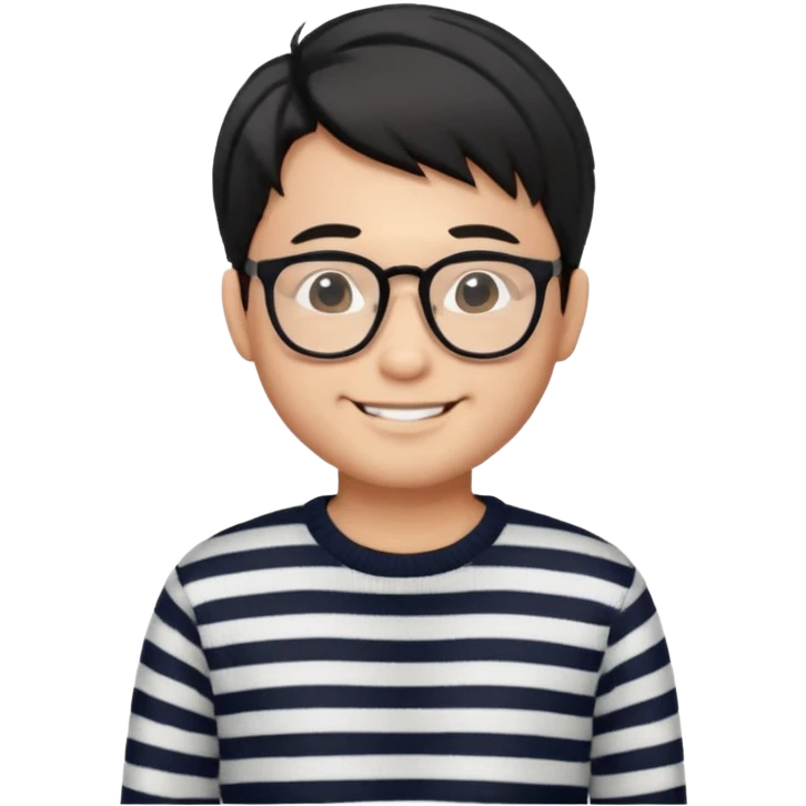 asian man with black curtains styled hair in striped sweater standing smiling and in glasses emoji