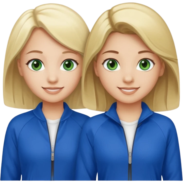 two girls smiling one has blond hair and green eyes and one is has dark brown hair and blue eyes they are wearing royal blue track suits emoji