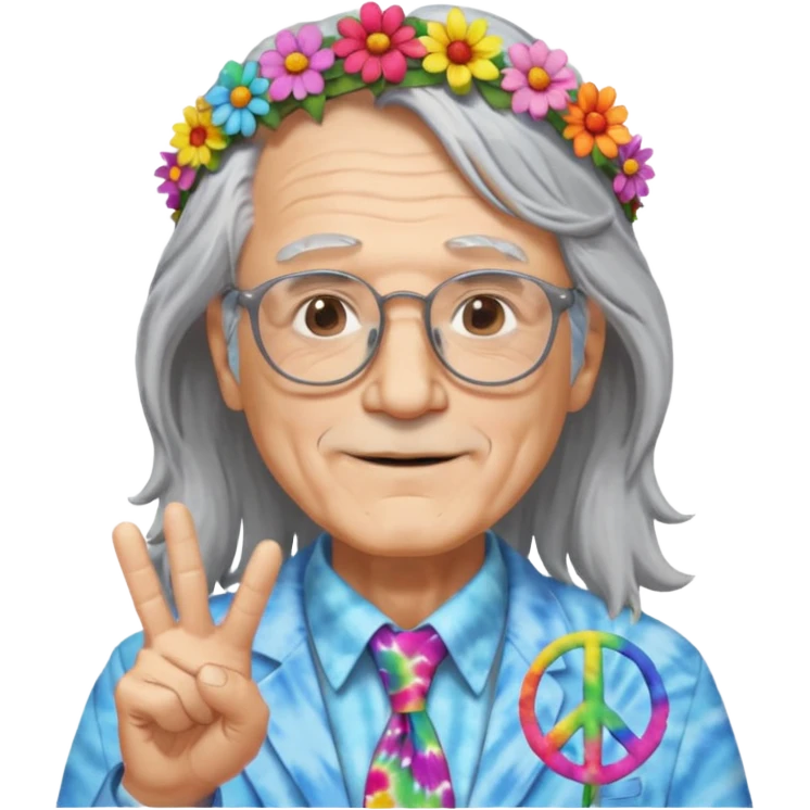elderly man with long grey hair, glasses, peace sign necklace, tie-dye clothing, flower crown emoji