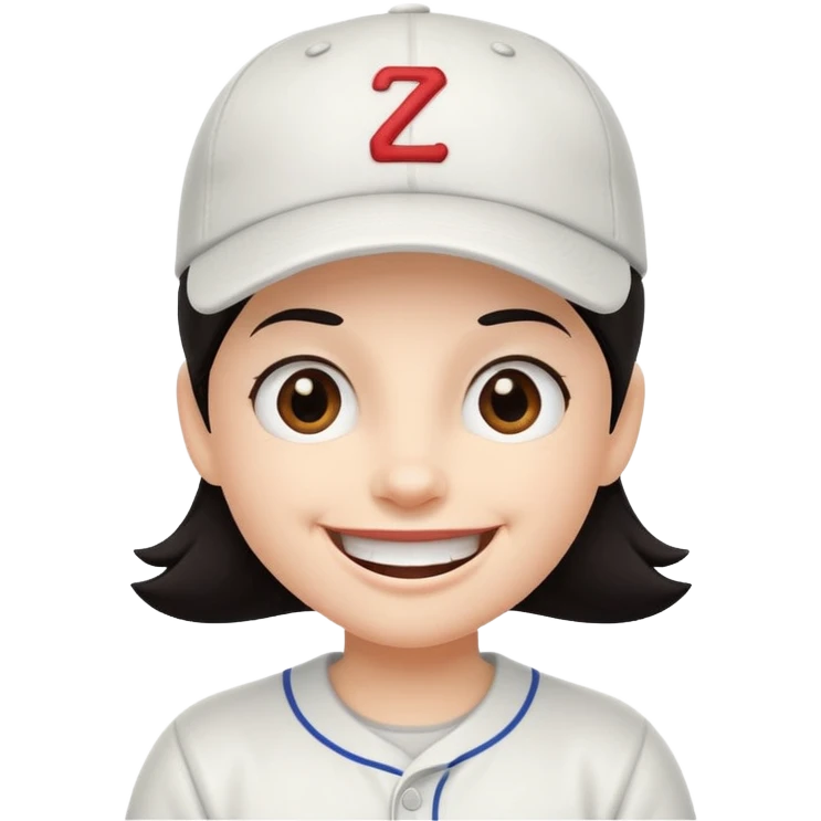 Digital illustration of a cartoon character with a big smile on its face. The character has dark hair and is wearing a white baseball cap. The overall style of the illustration is cute and playful. emoji