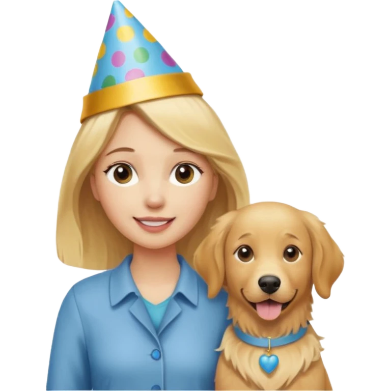 Female blonde with a birthday hat standinf w a golden retriever  emoji