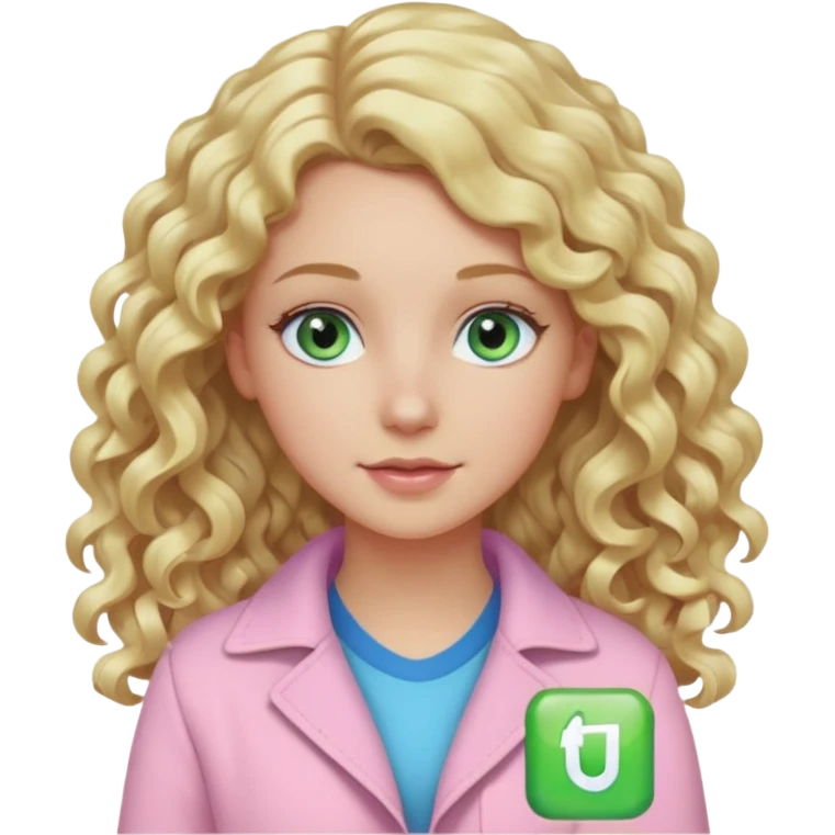 A white girl with long blonde curly hair and blue and green eyes wearing light pink emoji
