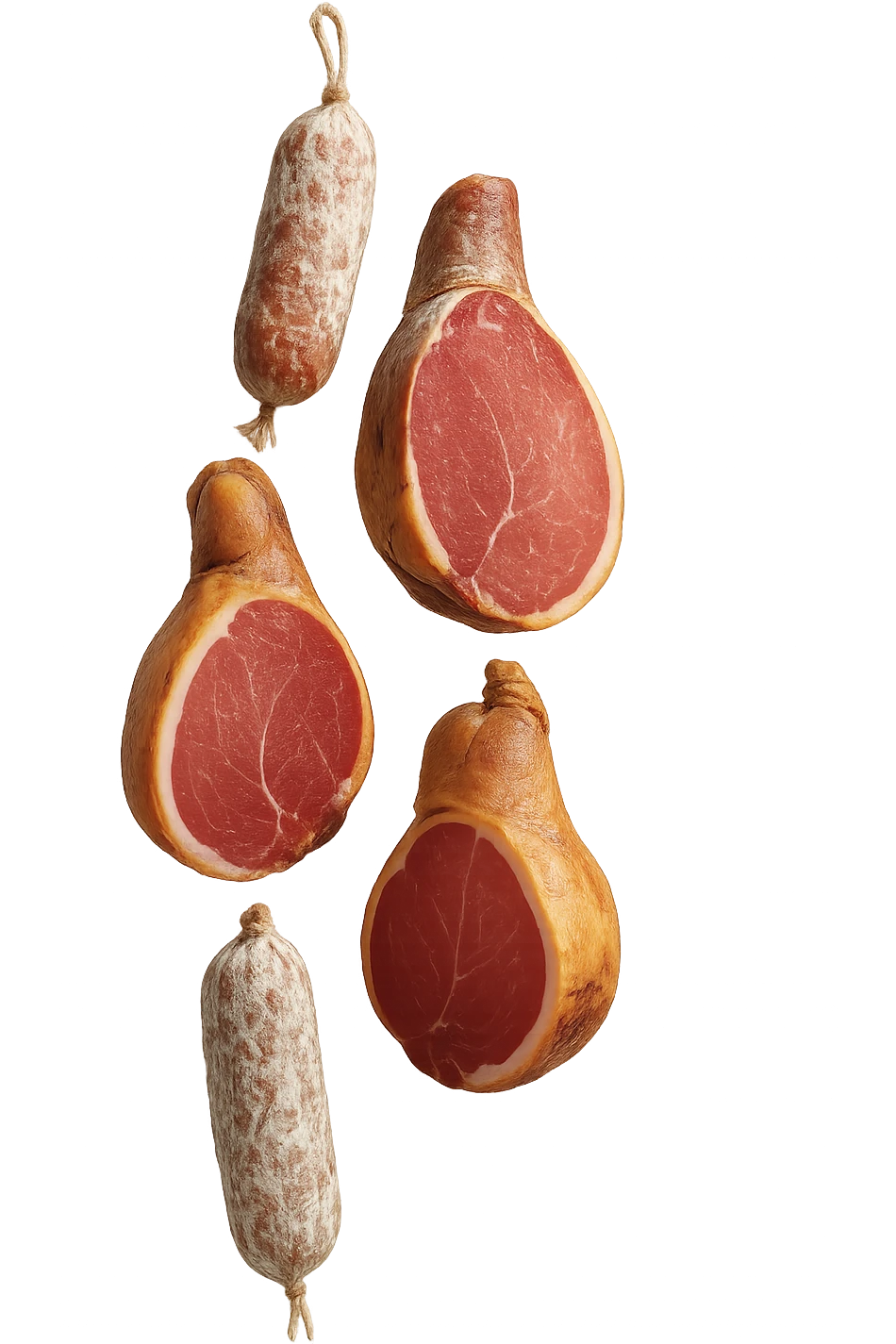 prosciutti e salami fluttuano in aria verticalmente, IPERREALISTICA 4K emoji