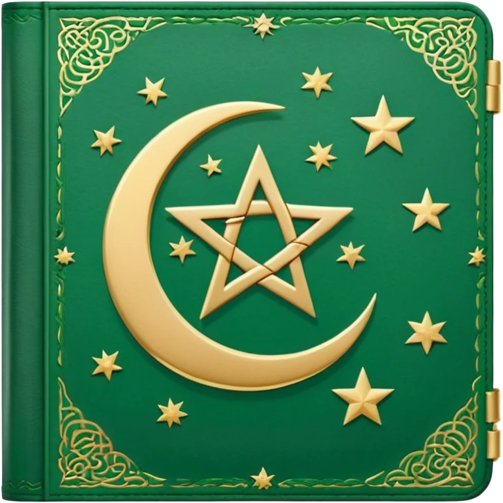 Closed Quran with the Islamic Symbol on it (moon and star) green from left to right emoji