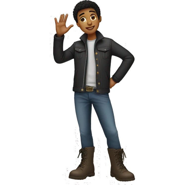 a black and white cartoon boy wearing boots one by one using his hand emoji