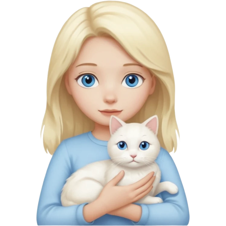 A girl with blonde hair, blue eyes, holding a white cat emoji