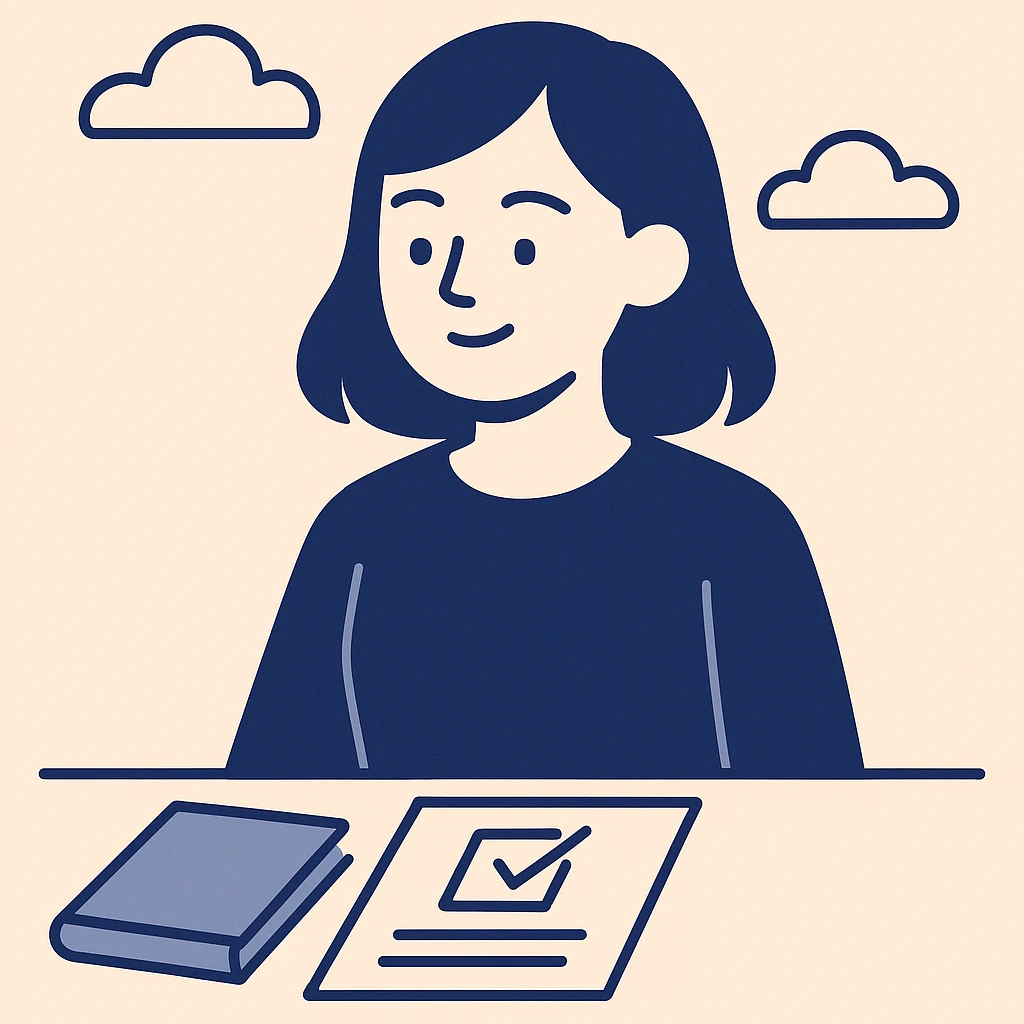 white girl with brown hair, calm expression, relaxed head, after finishing her tasks, soft cartoon style emoji