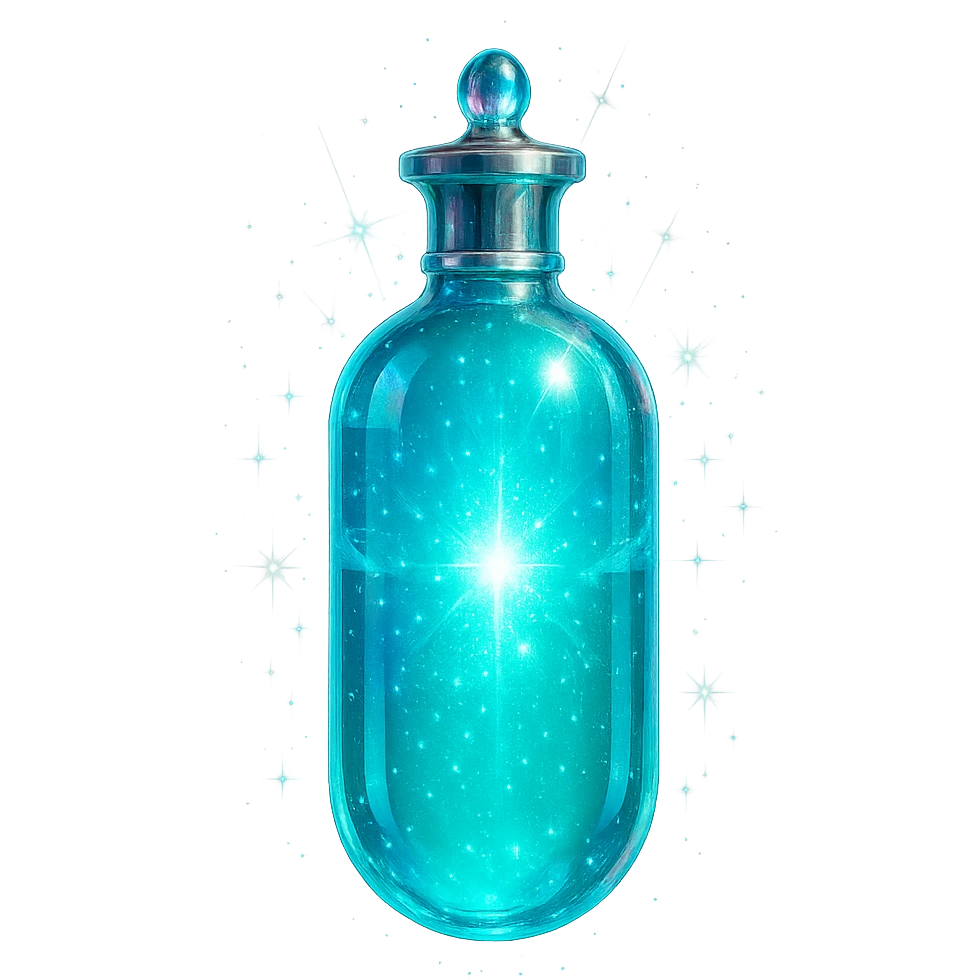 capsule-shaped luxurious elixir bottle, cyan color, iridescent and silver details, maximum intense magical glowing and sparkling effects, very small neck, seamless bottom, transparent background, floating, no base or shadow, modern, matching a collection emoji