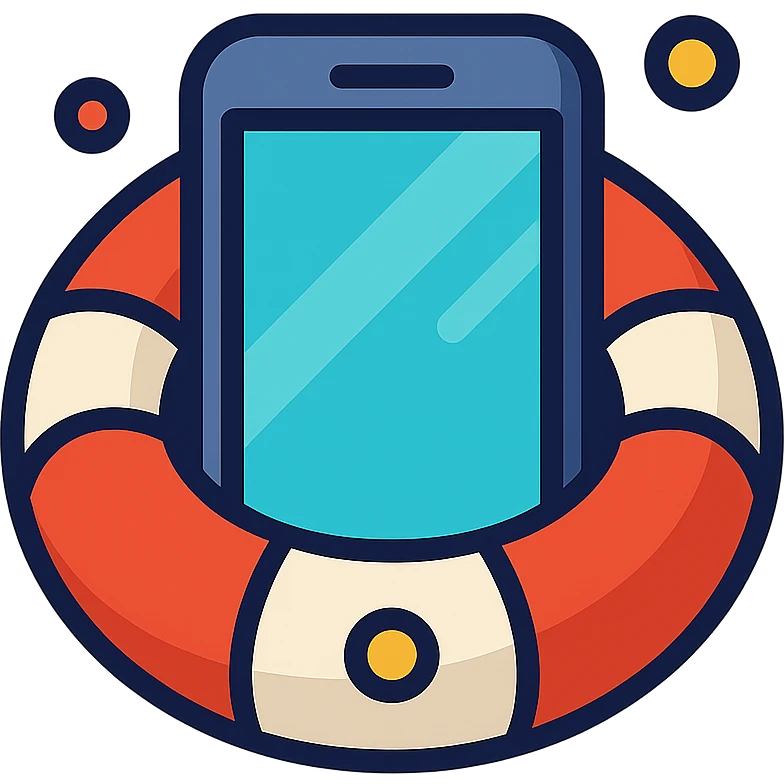 Create a mixed version of a smartphone inside a lifebuoy, combining the colorful outline icon style and vibrant cartoon style. Use vibrant colors, cartoon details with clean lines, and a transparent background. emoji