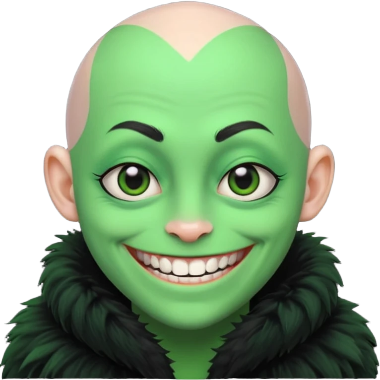 A bald person with bright green sclera and bright green teeth, grinning widely. Has fluffy black neck fur, with a fluffy black body emoji