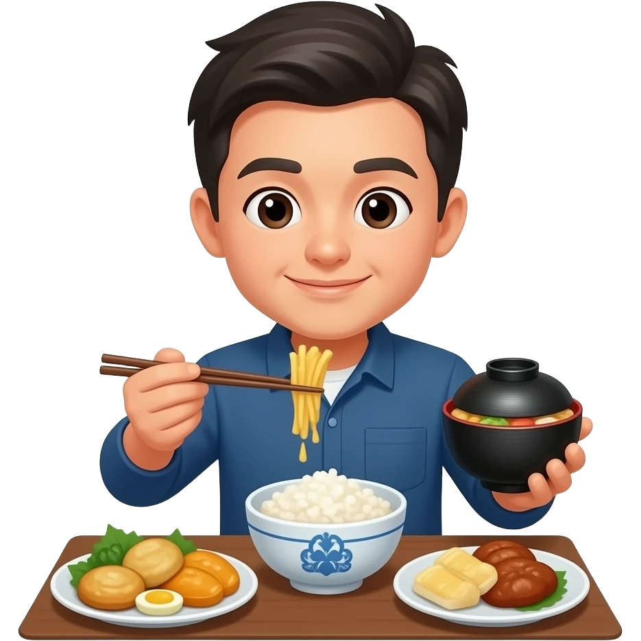 Having Japanese food with a overhead title 「食飯未」 emoji