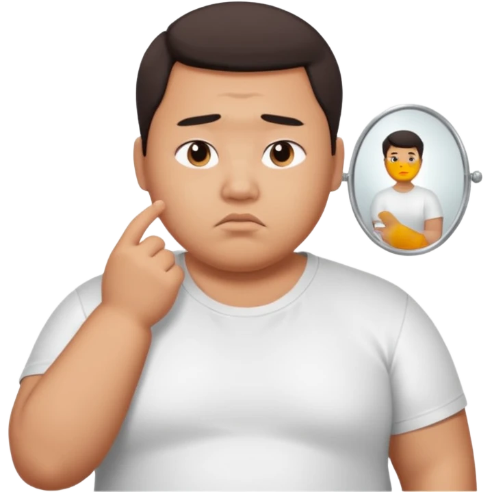 A young Asian guy has let his body go and is looking sadly in the mirror. emoji