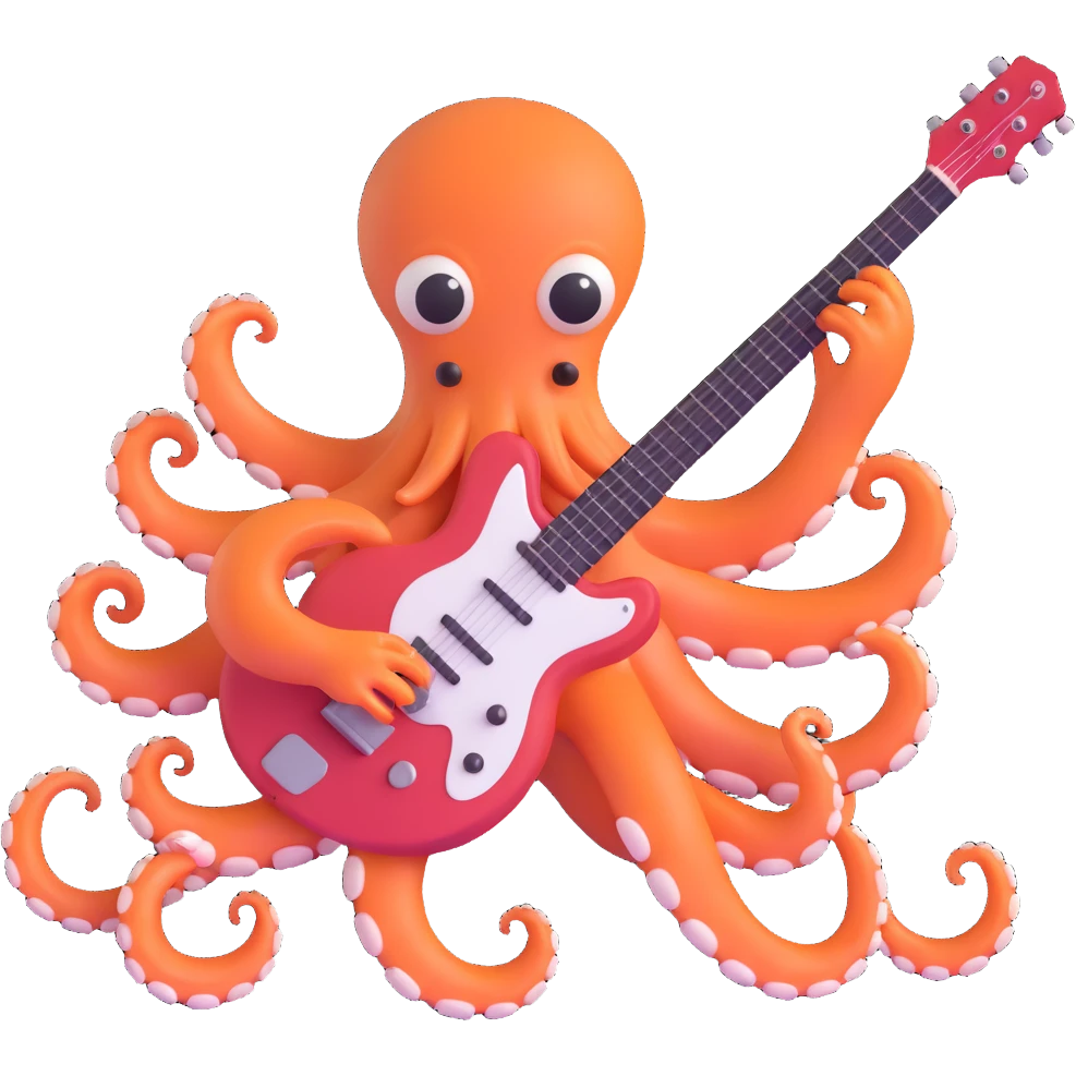 happy octopus with multiple arms playing guitar emoji