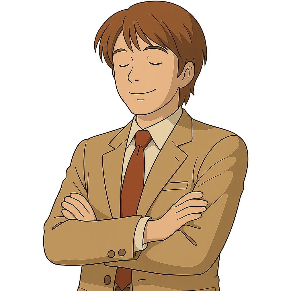 Create an exact Light Yagami in Ghibli style, standing with arms crossed and eyes naturally closed in a relaxed, confident way. Match the face, hair, and suit details exactly to the reference image, preserving the confident expression and same suit. Transparent background. emoji