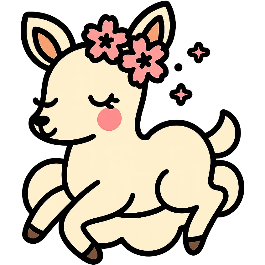 feminine adult vanilla cloud doe with rosy cheeks and cherry flowers, floating gracefully, minimalist style, brand identity, social media emoji