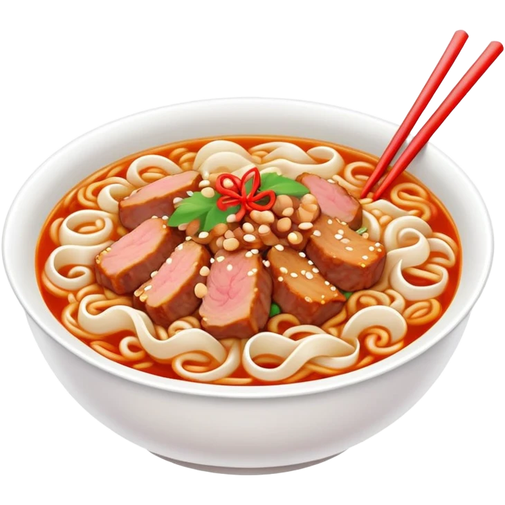 Fuzhou Lychee Pork Noodles with meat sauce and noodles, simplified emoji style with bold outlines and bright colors, cartoon style Fujian specialty Ban Mian emoji