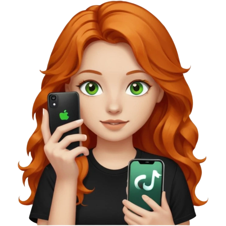 Girl with dark long orange wavy hair, green eyes, and black t-shirt and phone with tiktok app on hands emoji