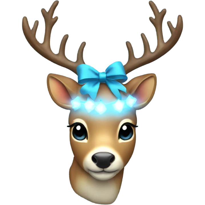 Deer with 8 warm white lights on antlers  blue bow  emoji